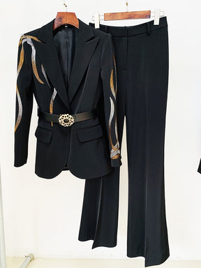 Designer Runway Suit Set Women's Colorful Diamonds Belted Blazer Flare Pants Suit 2pcs