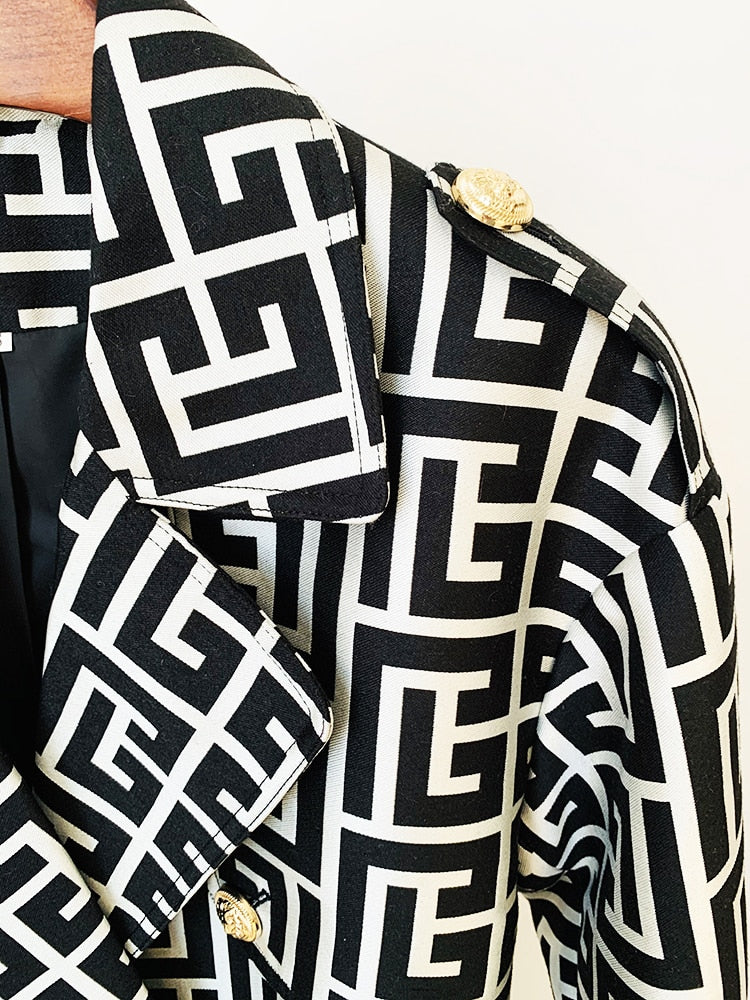Designer Women's Lion Buttons Geometrical Monogram Jacquard Belted Trench OverCoat