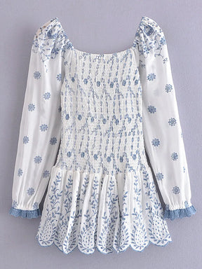 Puff Sleeve Embroidery White Blue Floral Body Elastic Ruched Mini Dress Woman Low Waist Ruffles Hem Holiday Robe