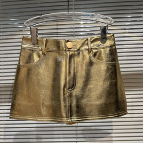 Leather Skirt Slim High Waist Zip Pockets Gold Glossy Pencil Skirts