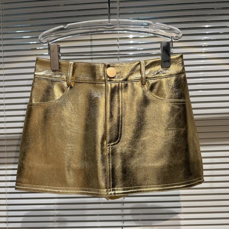 Leather Skirt Slim High Waist Zip Pockets Gold Glossy Pencil Skirts