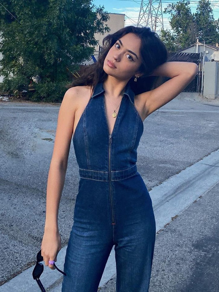 Denim Jumpsuit V Neck Zipper Bell Sleeveless Sexy Outifts Elegant Backpacker