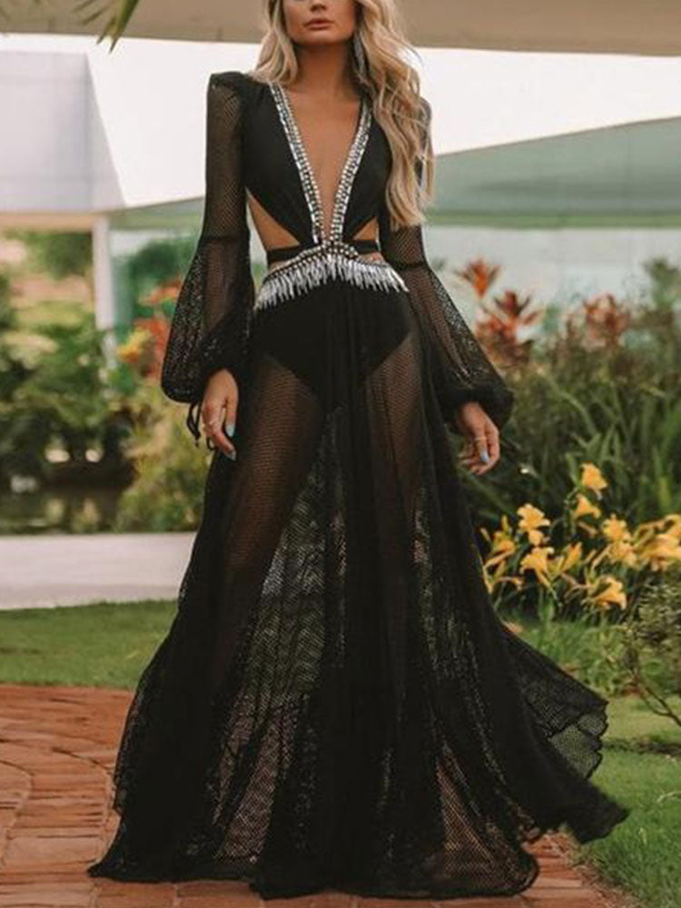 Sexy V-Neck Backless Hollow Out Dress r Women Long Lantern Sleeve Club Party Long Maxi Dresses