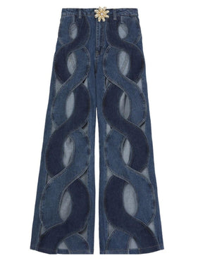 Women's Jeans High Waist Cross Contrast Color Hollow Out Metal Button Straight Denim Pants