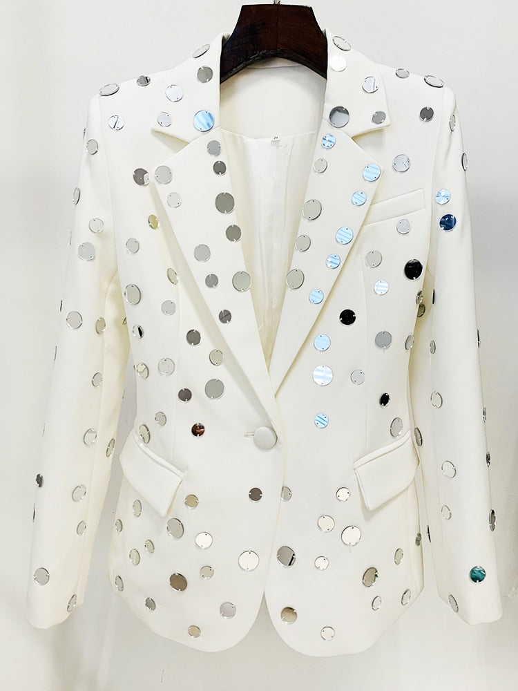 designer Jacket Women's Slim Fitting Single Button Mirror Beaded Blazer
