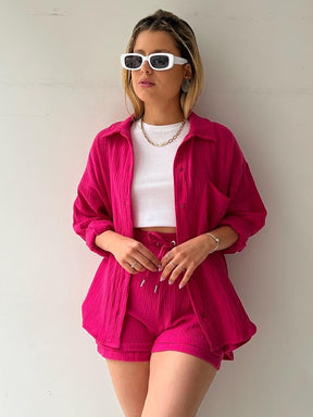 Summer Fashion Chic Pleated Lapel Shirts Sets Women Long Sleeve Blouses High Waist Shorts Sets