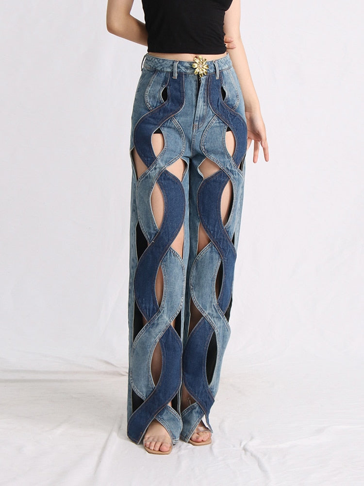 Hole Jeans High Waist Contract Color Zipper Flowers Decoration Full Length Pants