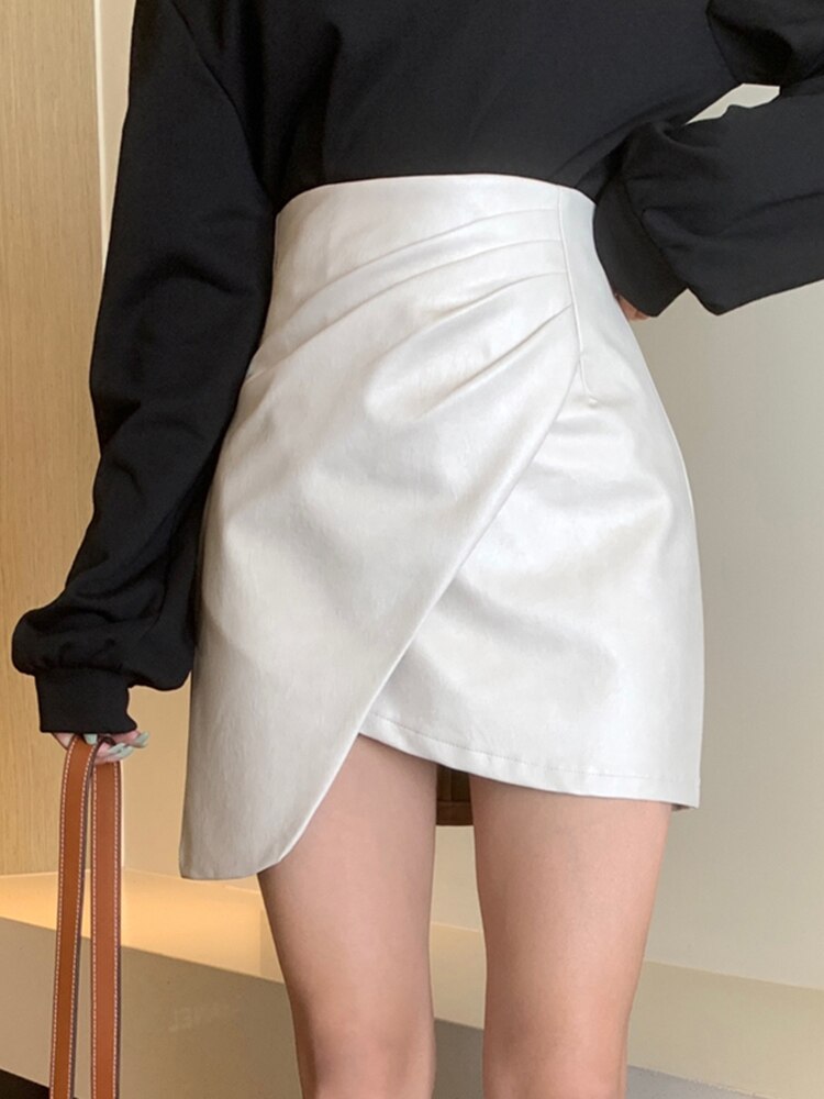 Leather Skirt High Waist Irregular Fold Casual A-line Hip Wrap Solid Color Skirt