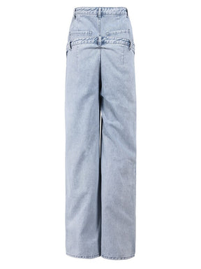 Women's Patchwork Double Waist Design Jeans Loose Straight Blue Streetwear Denim Pants Autumn