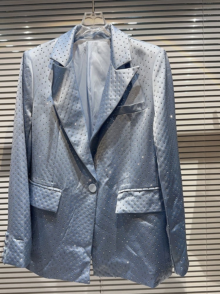 Designer Blazer Suit Set Women's Single Button Diamonds Beaded  Blazer Shorts suit