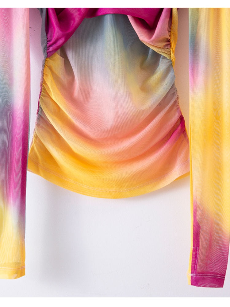 Designer Tops Women's Color Block Tie Dye  Mesh Long Sleeved V-Neck Pleated Slim Fitting Top