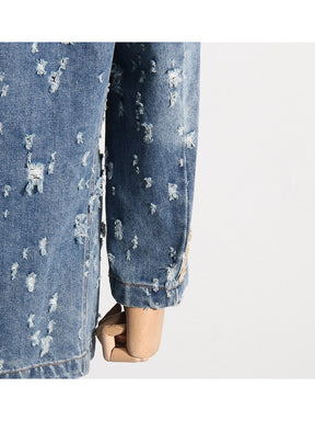 Fashion Designer Jacket Women's Perforated Wash  Loose Long Denim Blazer