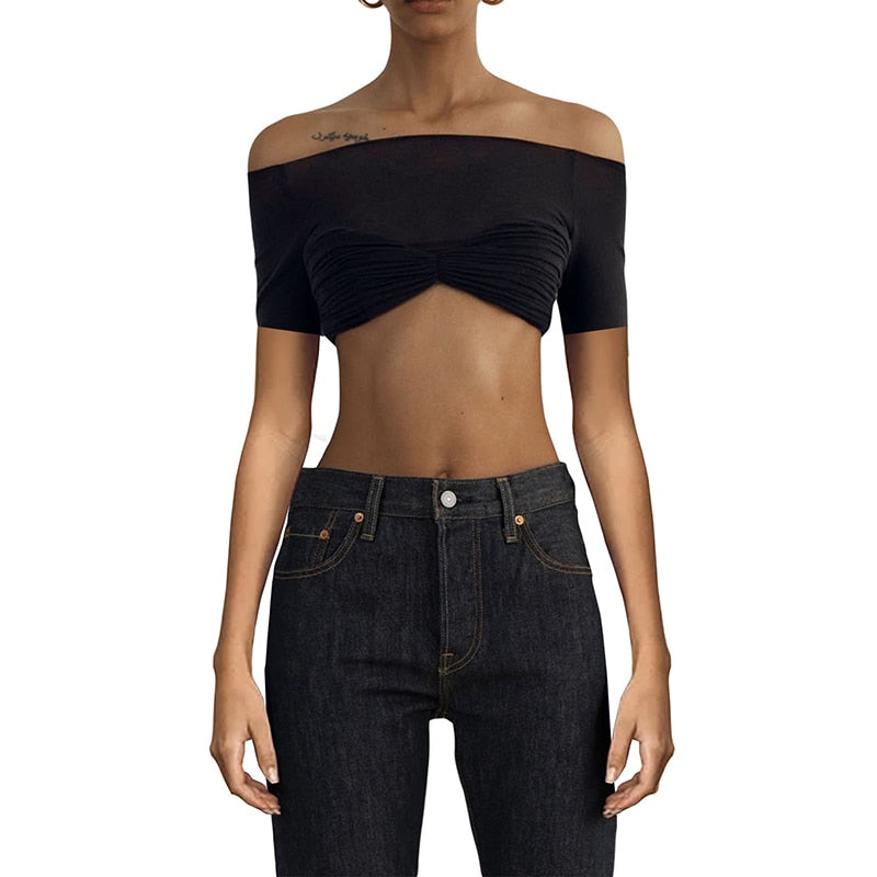 See Through Mesh Crop Top Women Pullovers Strapless Short Knit Cropped