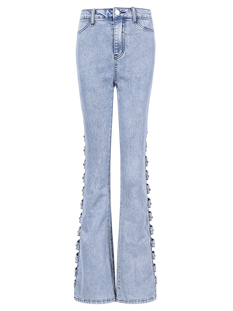 Denim Jeans Slim Zipper Hollow Out Rivet Spliced Solid Color High