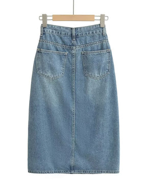 Slim High Waist Zipper Fly Side Slit Blue Mid-calf Denim Cotton Skirts