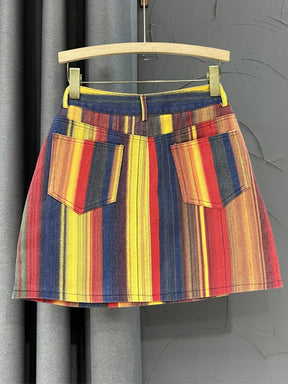 Skirt Slim High Spliced Pockets Waist Rainbow Striped Denim Short