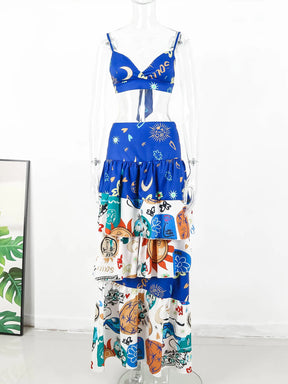 Two-piece Skirt Suit Straps Tube Top Skirt Sweet Printed Bra Naked Waist Chic Beach Dance Robe