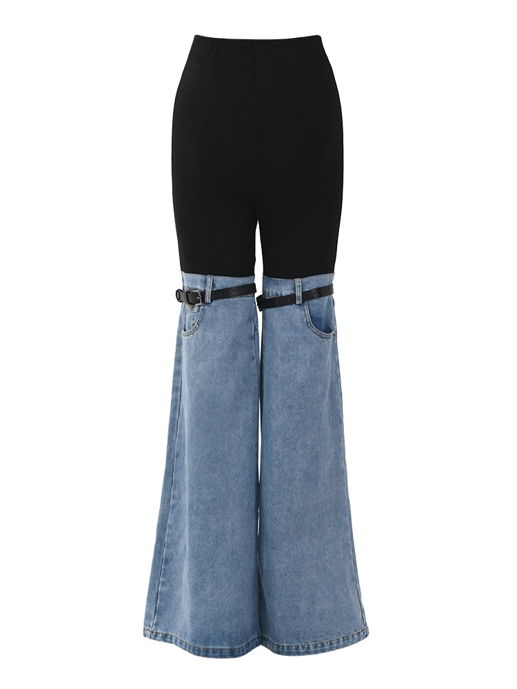 Spliced Jeans High Waist Elastic Patchwork Girding Straight Denim PaNT
