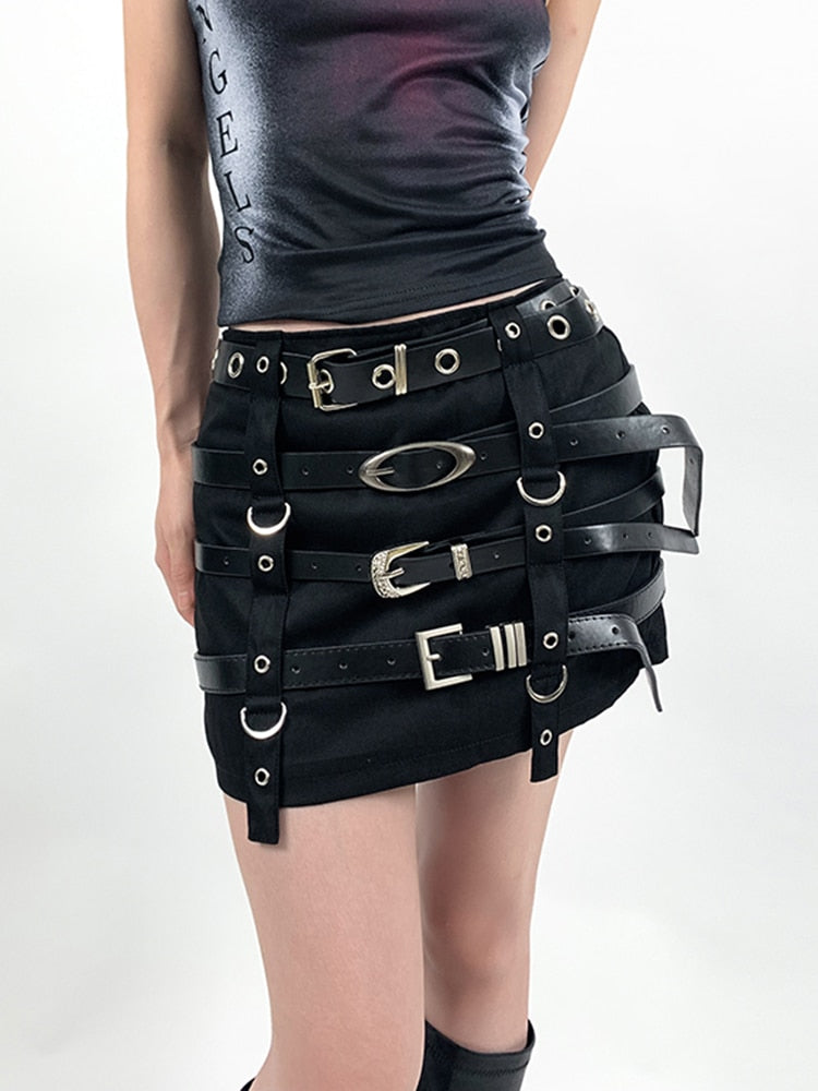 Skirt Multi Belt Decoration Black Metal Buckle A-line Slim Mini Hip Wrap Skirt