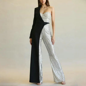 Jumpsuit Elegant One Shoulder Sequin Jumpsuit with Wide Leg Tight Waist