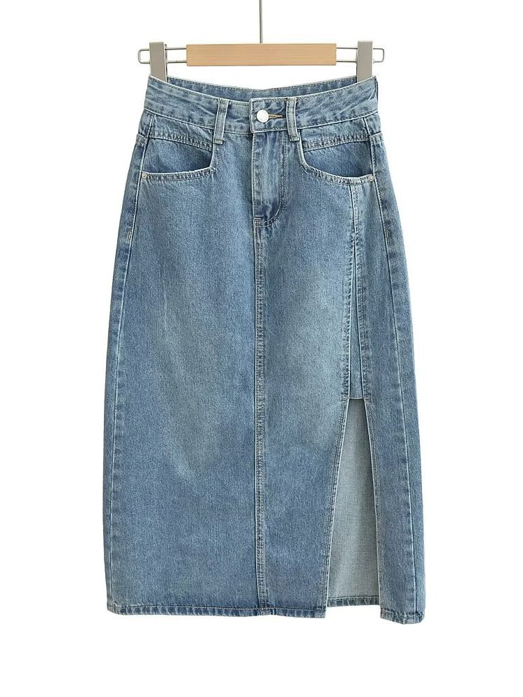 Slim High Waist Zipper Fly Side Slit Blue Mid-calf Denim Cotton Skirts