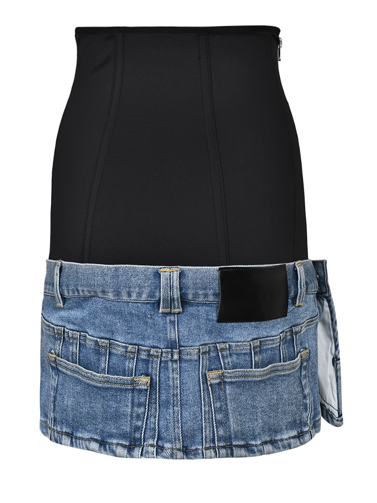 Women Skirt Spliced Contrasting Colors Single Breasted Two Pieces Mini Skirts