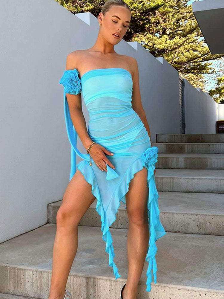 Sexy Transparent Fabric Solid Color Strapless Ruffle Dresses For Women Elegant Mesh Irregular