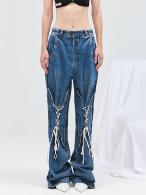 High Waist Zip Fly Removable Bandage Blue Denim Floor-length Flare Pants