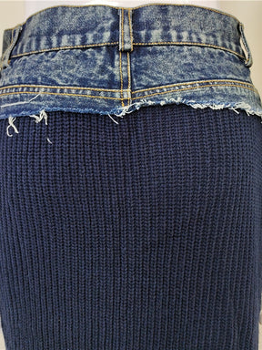 DEAT Fashion Women's Cotton Skirt Waist Denim Spliced Zipper Split Blue Wool Knit Mid-calf Skirts Autumn 2023 New Tide 29L2926