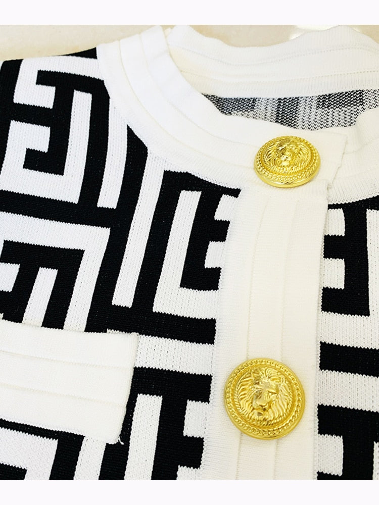 Fashion Metal Lion Buttons Geometrical Knit Cardigan Camis Mini Skirt 3pcs Suit Set