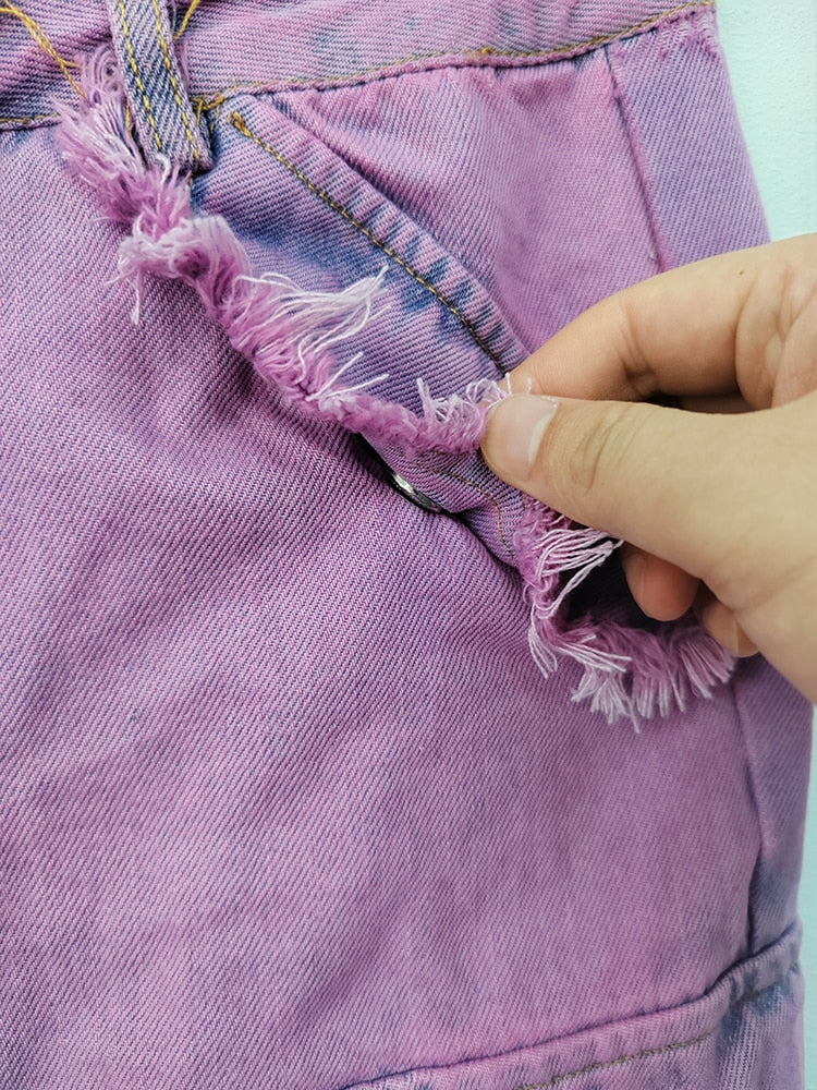 Women's Jeans Waist Pockets Washed Make Old Flash Pink Denim Wide-leg Floor-length