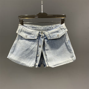 Denim Mini Skirt Big Pockets Single Breasted Spliced A-line Solid Color Short Skirts