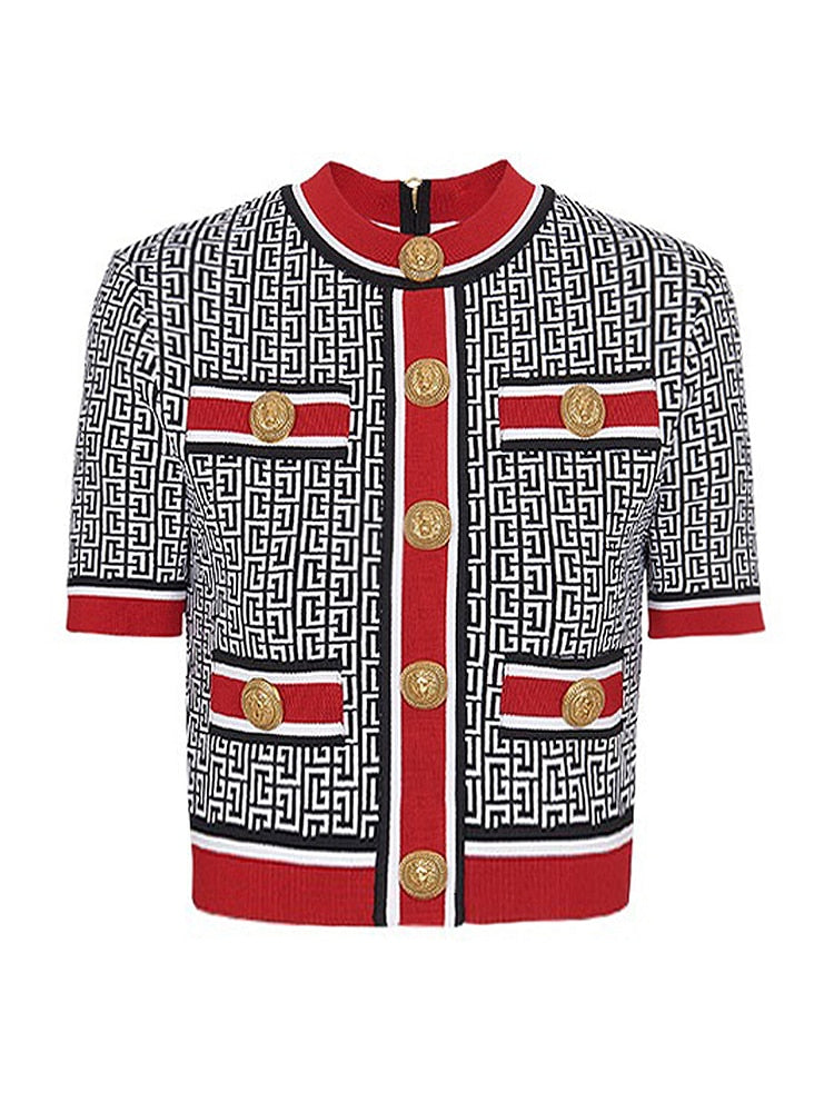 fashion Designer Jacket Women's Lion Buttons Monogram Jacquard Short sleeved Knit Cardigan