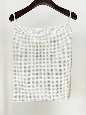 Designer Fashoin Women's Long Sleeve Gauze Patchwork Rhinestone Diamonds Beaded Tops Mini Skirt