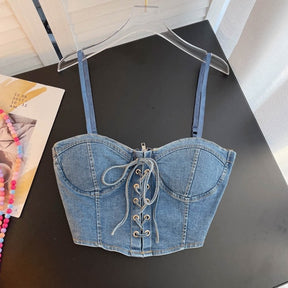 Sexy Fashion Metal Lacing Denim Fabric Camis Grunge Biker Bow Back Zipper Crop Top Off Shoulder Backless Tunics