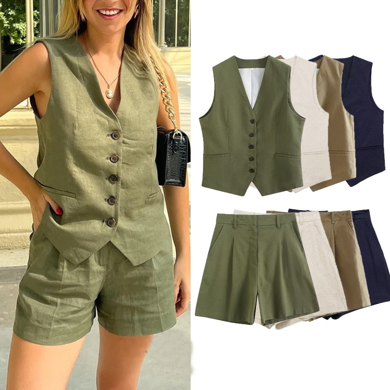 New Suits Chic Slim V-neck Vest Pants 2-piece Set Elegant Leisure Street