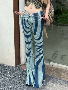 Fashion Women Flare Pant Slim Contrasting Colors Leopard Lateral Waist Denim Floor-length