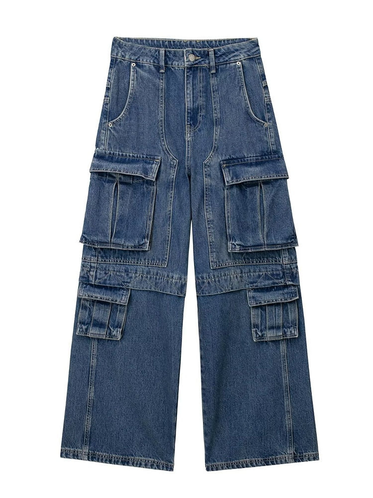 Cotton Jeans Loose High Waist Pockets Straight Wide-leg Floor-length Blue Denim Pants