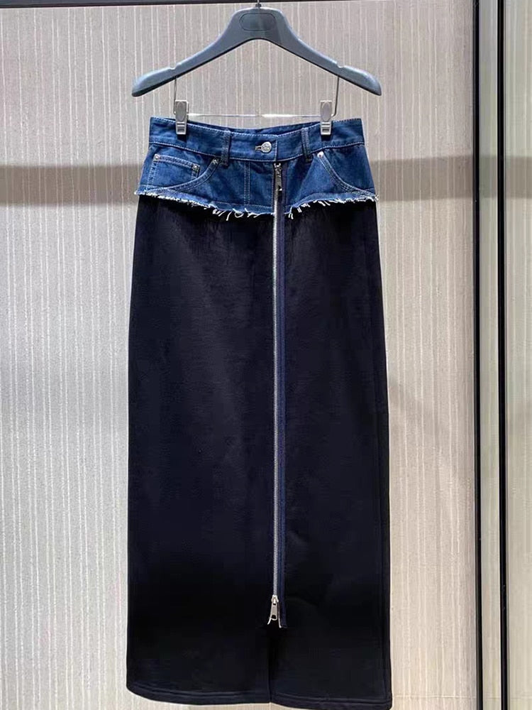 DEAT Fashion Women's Cotton Skirt Waist Denim Spliced Zipper Split Blue Wool Knit Mid-calf Skirts Autumn 2023 New Tide 29L2926