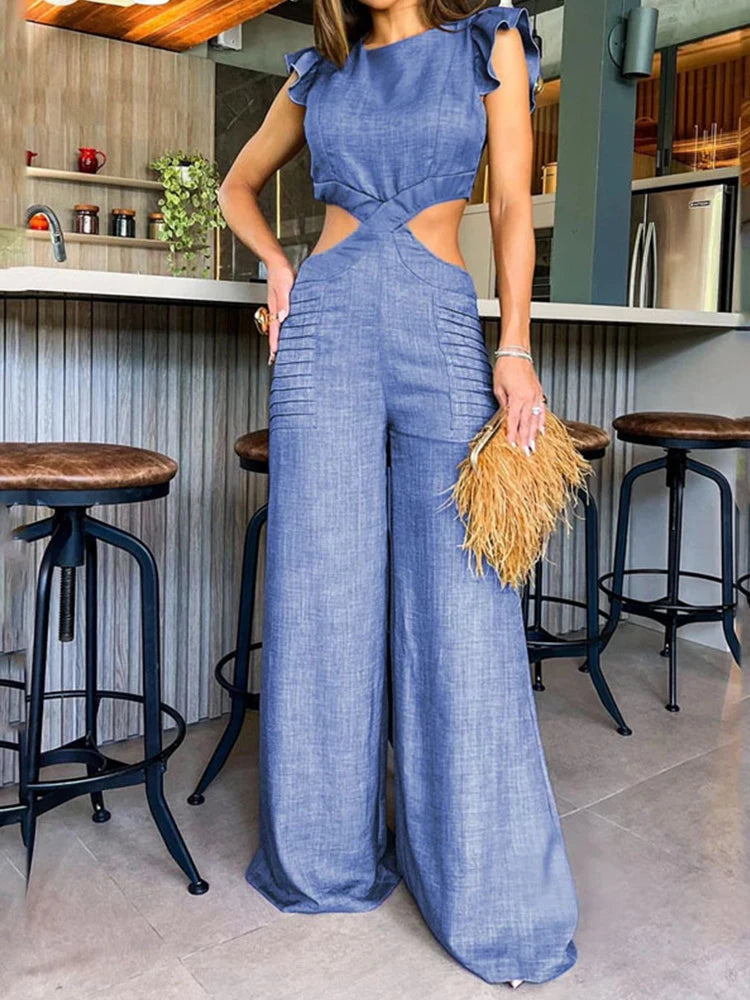 Fashion Casual Wide Leg Jumpsuits Hollow Out Female Clothing Summer Sleeveless Streetwear