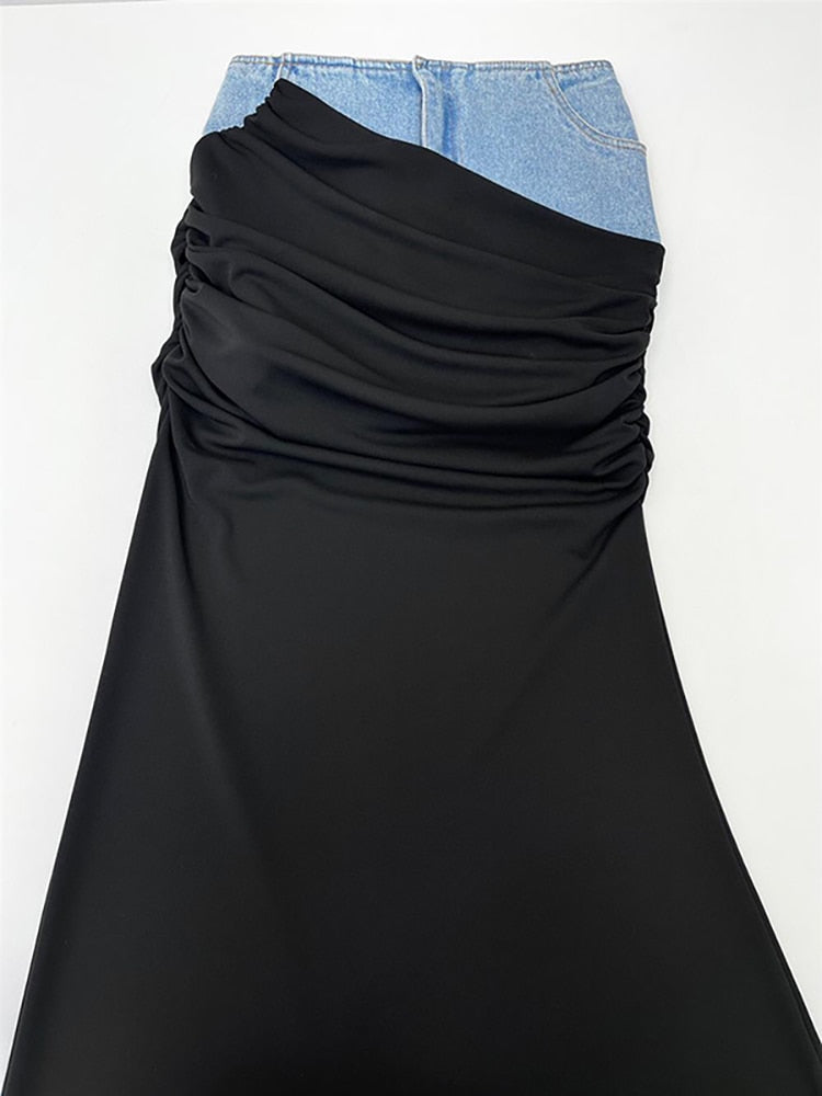 High Waist Deconstruct Patchwork Panelled Asymmetry Denim Pleated Pockets Long Skirt