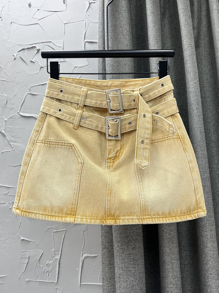 Fashion Women's Denim Skirt Metal Buckle Double Belt High Waist Yellow Streetwear Mini Skirts