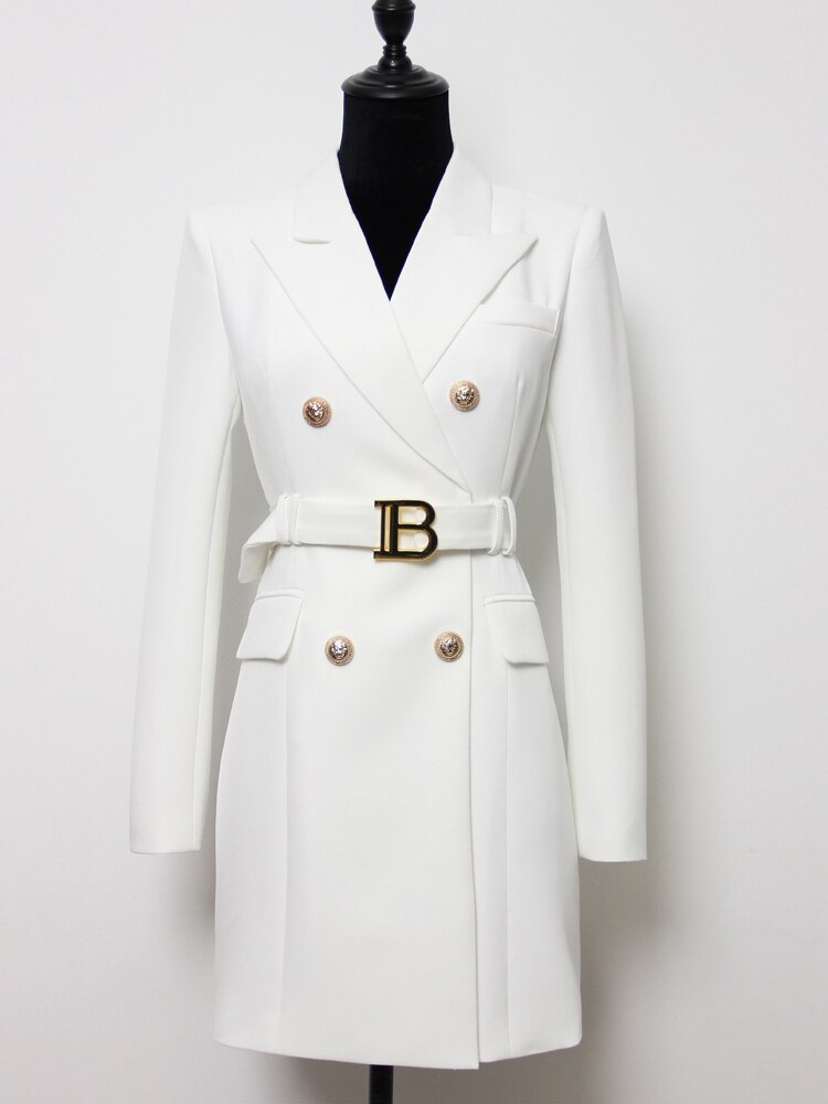 designer Style Women Long Sleeve Notched Collar Lion Buttons Double Breasted Belted Blazer Dress