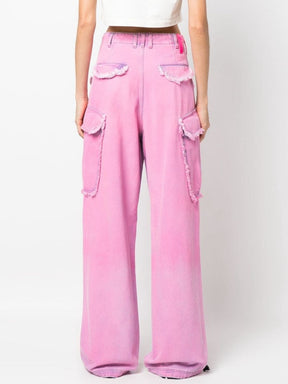 Women's Jeans Waist Pockets Washed Make Old Flash Pink Denim Wide-leg Floor-length