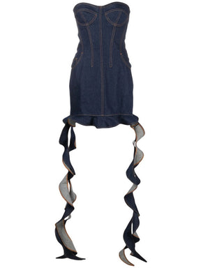 Denim Dress Open Line Side Ribbon Strapless Mini Dresses