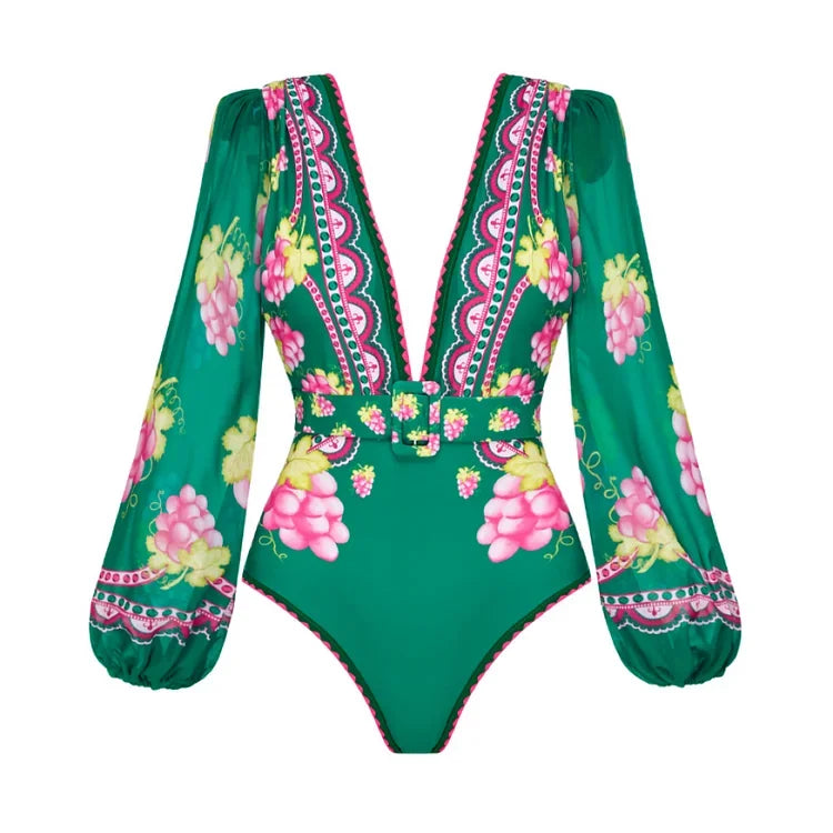 2024 New Women Retro Long-sleeved Retro Green Grapes  Swimsuit Set  Swimwear Beachwear Bathing Suit Bikini Monokini  Bodysuit