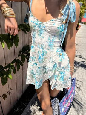 Boho Inspired blue floral straps party dress bow tied shoulder smocked bodice embroidery summer dress chic ladies mini dress