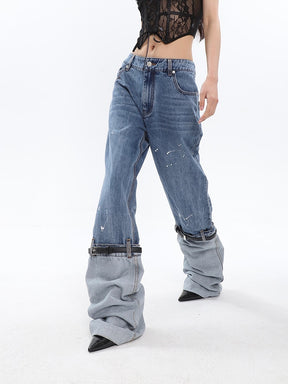 DEAT 2023 Summer 2023 New Women's Jeans High Waist Graffiti Patchwork Contact Color Leather Button Denim Pants Tide 5R1296