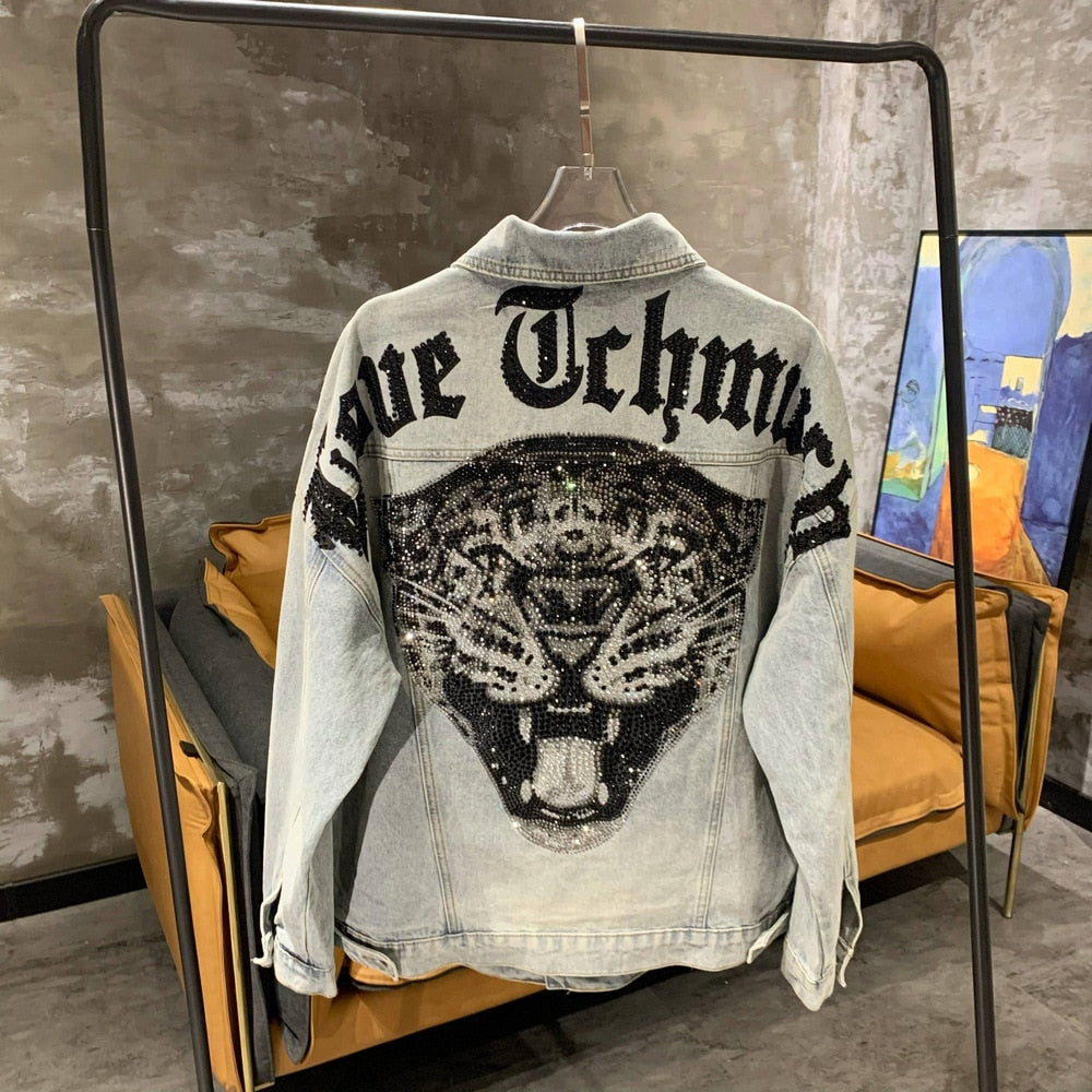Tiger Diamonds Denim Jacket Original Street Style Jean Jackets and Coats Super Cool