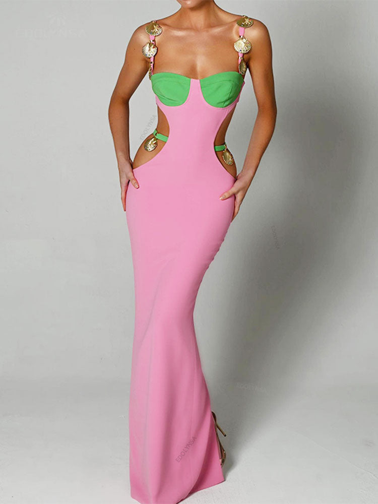 Sexy Beaded Contrasting Colors Low-cut Summer Elegant Sleeveless Maxi Dresses